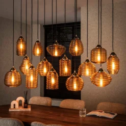 Grote eettafel hanglamp amber glas - Santa Rib Glass