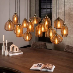 Grote eettafel hanglamp amber glas - Santa Rib Glass