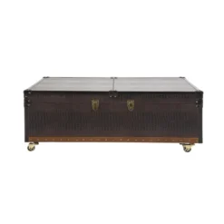 Kist salontafel bruin leer op wielen - Kare Design Colonial