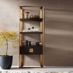 Open wandkast messing met hout - Kare Design Osaka