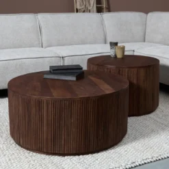 Ronde salontafel set ribbel hout - Bodio Mirah