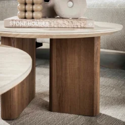 Salontafelset rond hout en travertin - Giani Romano